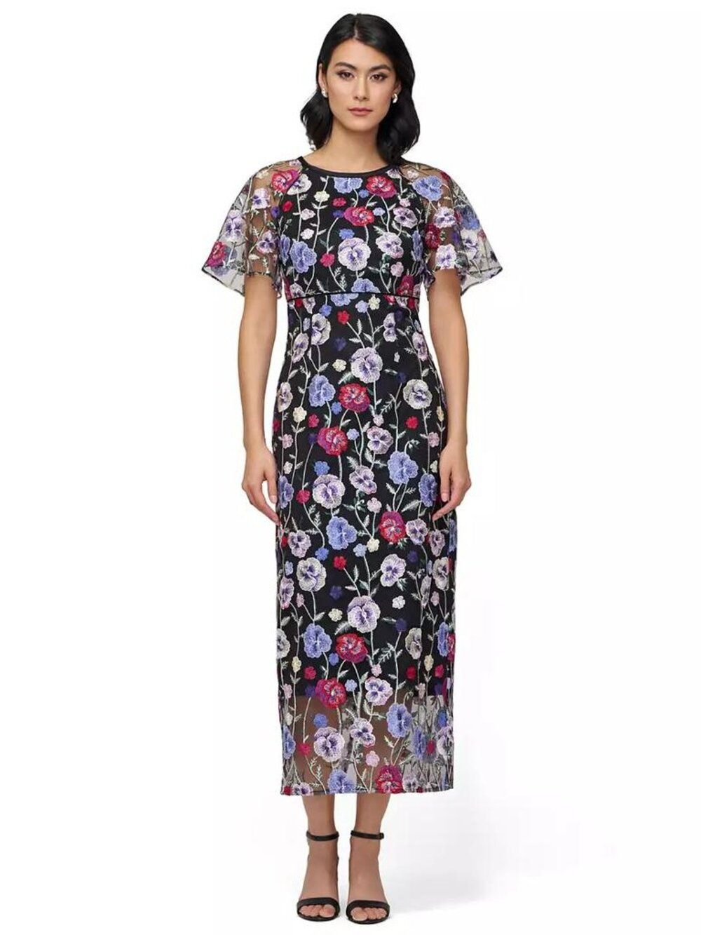 JS Collections Women's Embellished Short-Sleeve Midi Dress Black/Multi Size 4